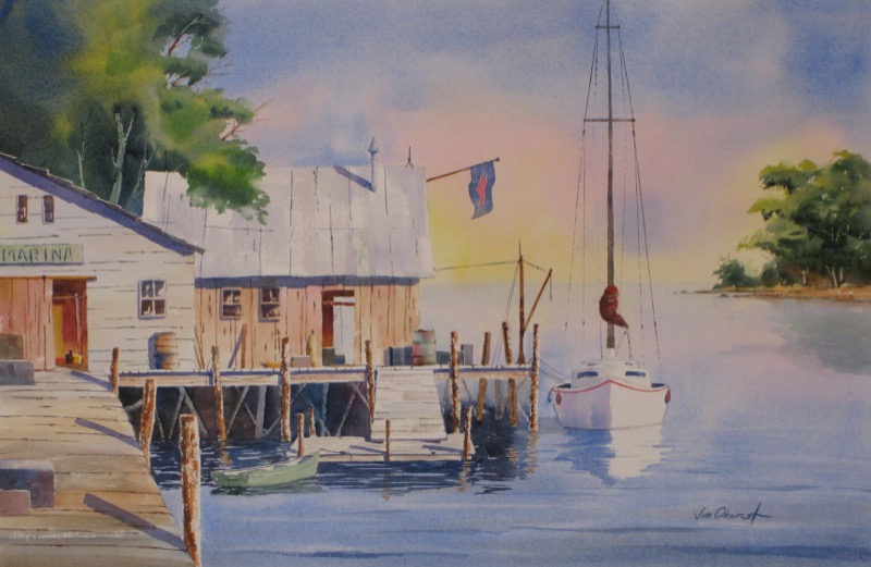 seascape, landscape, marina, wharf, dock, boat, sailboat, original watercolor painting, oberst